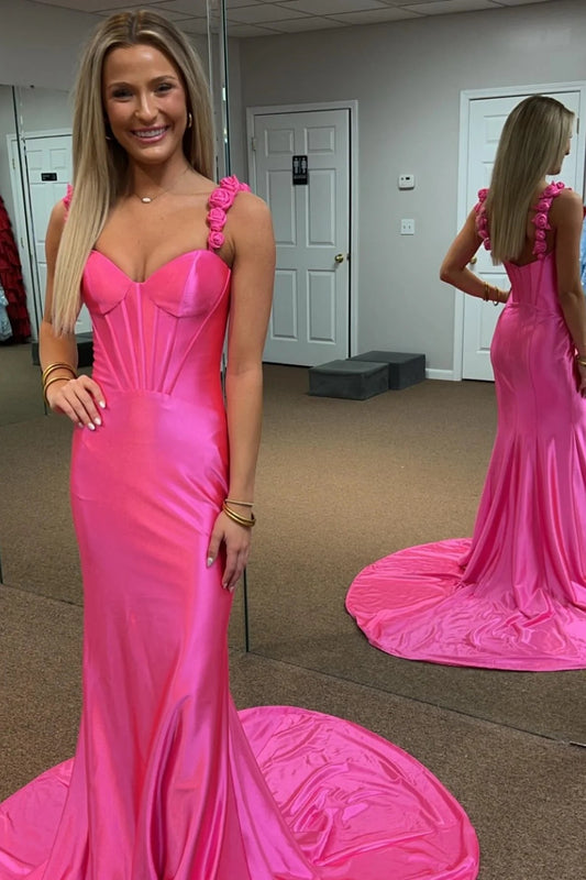  Persephone | Hot Pink Floral Straps Mermaid Satin Long Prom Dress - Prom Dress - DYAVOR® 