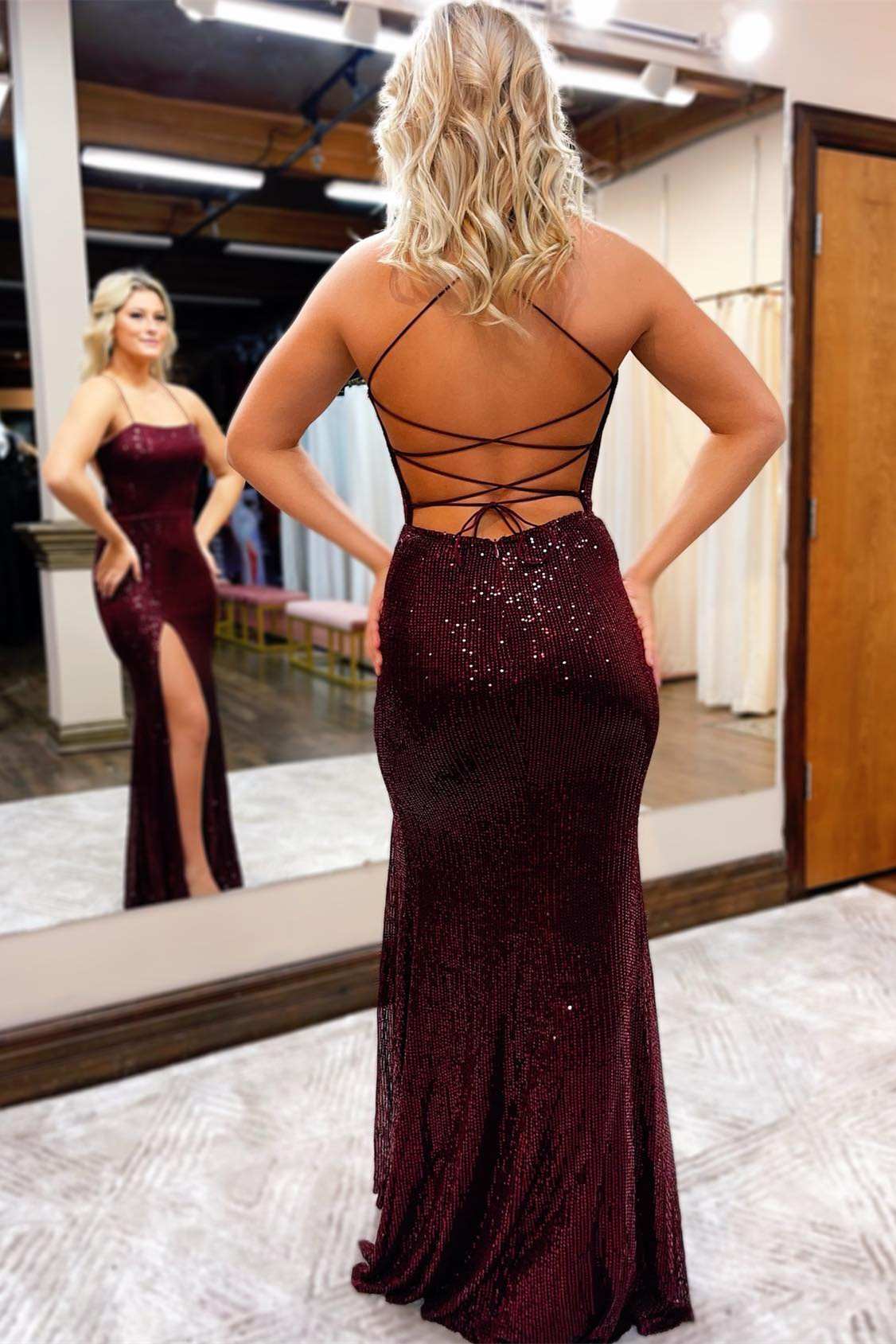  Burgundy Sequin Lace-Up Back Long Prom Dress with Slit - Prom Dresses - DYAVOR® 