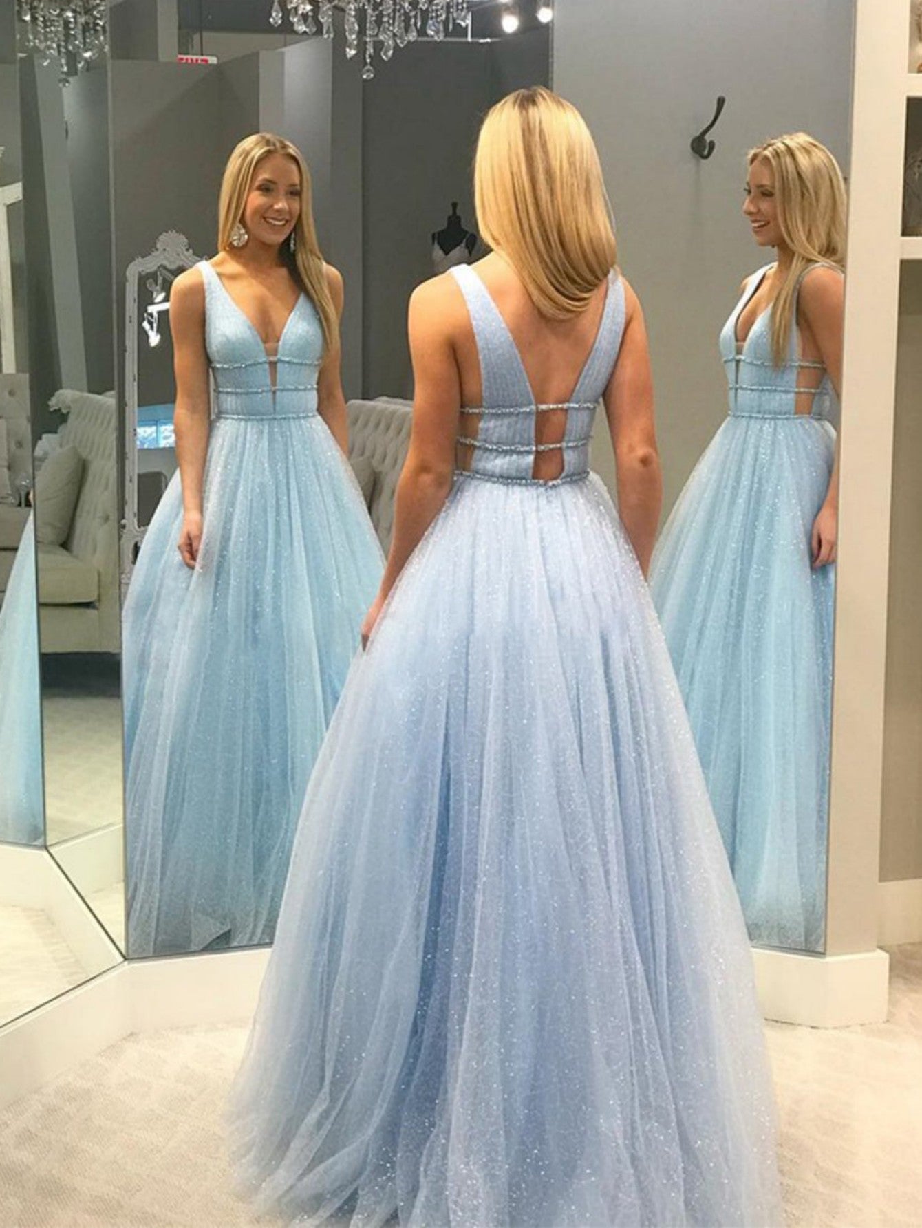  Alaiya |A-Line V Neck Glitter Tulle Prom Dress - Prom Dress - DYAVOR® 