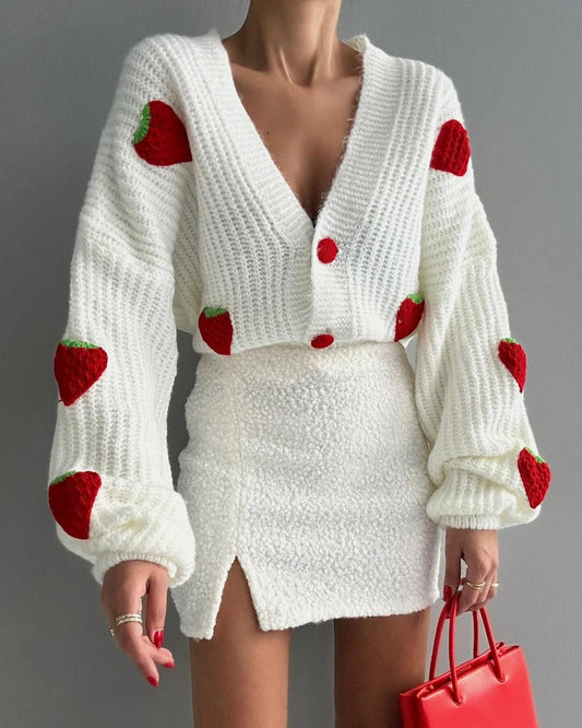  Autumn print strawberry knit deep V long sleeve coat - new-arrrival - DYAVOR® 