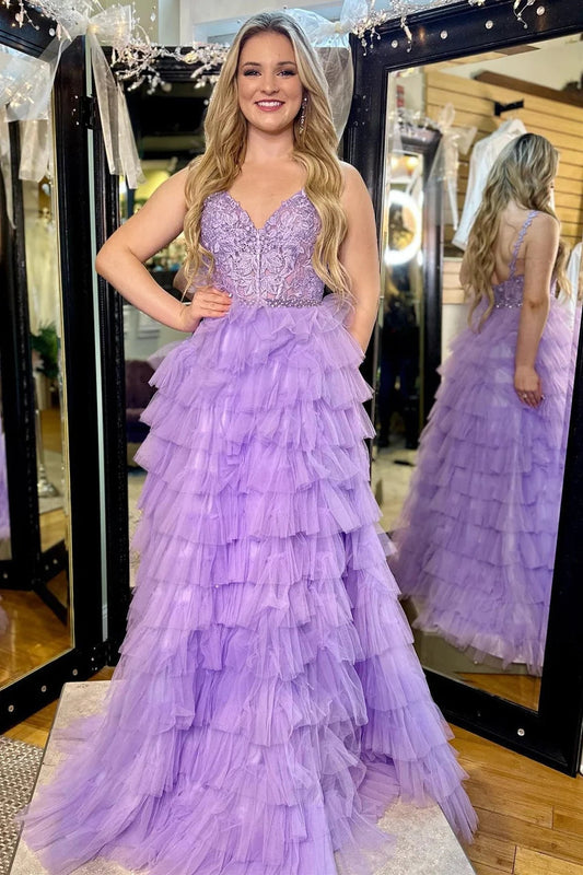  Marissa | Lavender Appliques V-Neck Ruffle Tiered Long Prom Dress - Prom Dress - DYAVOR® 