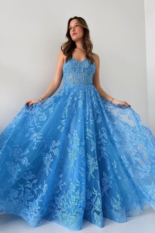  Blue Spaghetti Straps Tulle Appliques Long Prom Dresses - Prom Dress - DYAVOR® 