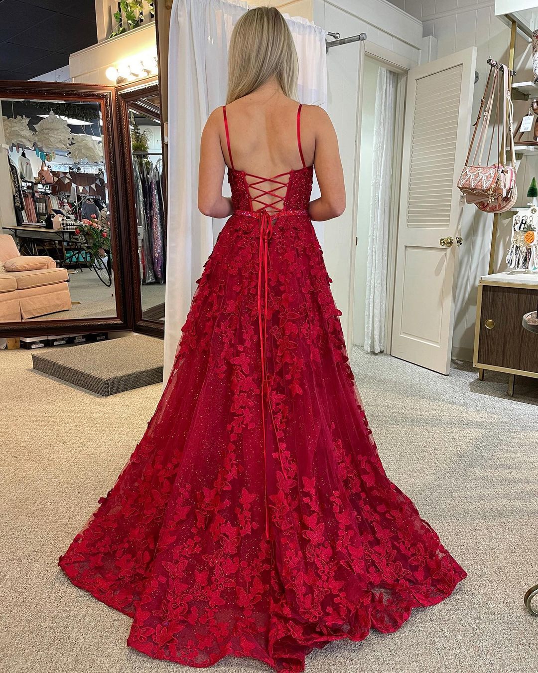  Shana | Cute A Line Scoop Neck Red Lace Prom Dresses with Beading - Prom Dress - DYAVOR® 