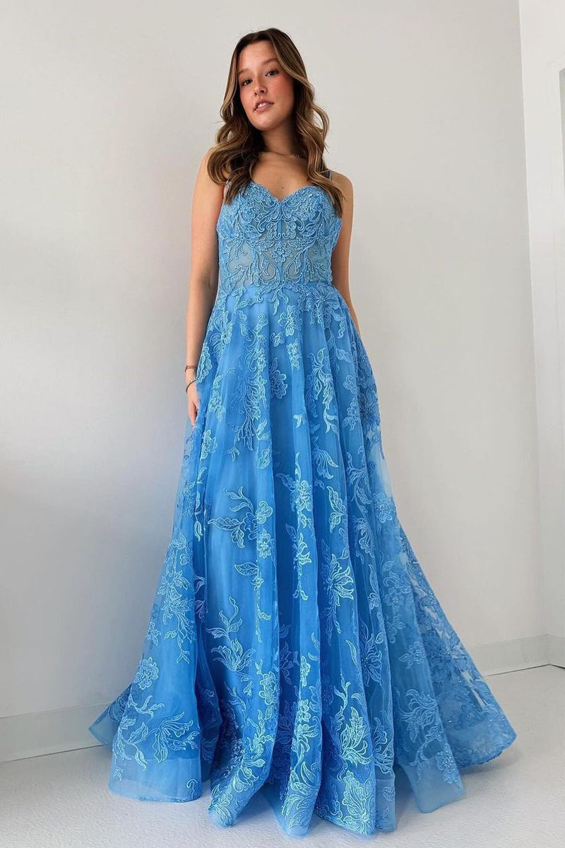  Blue Spaghetti Straps Tulle Appliques Long Prom Dresses - Prom Dress - DYAVOR® 