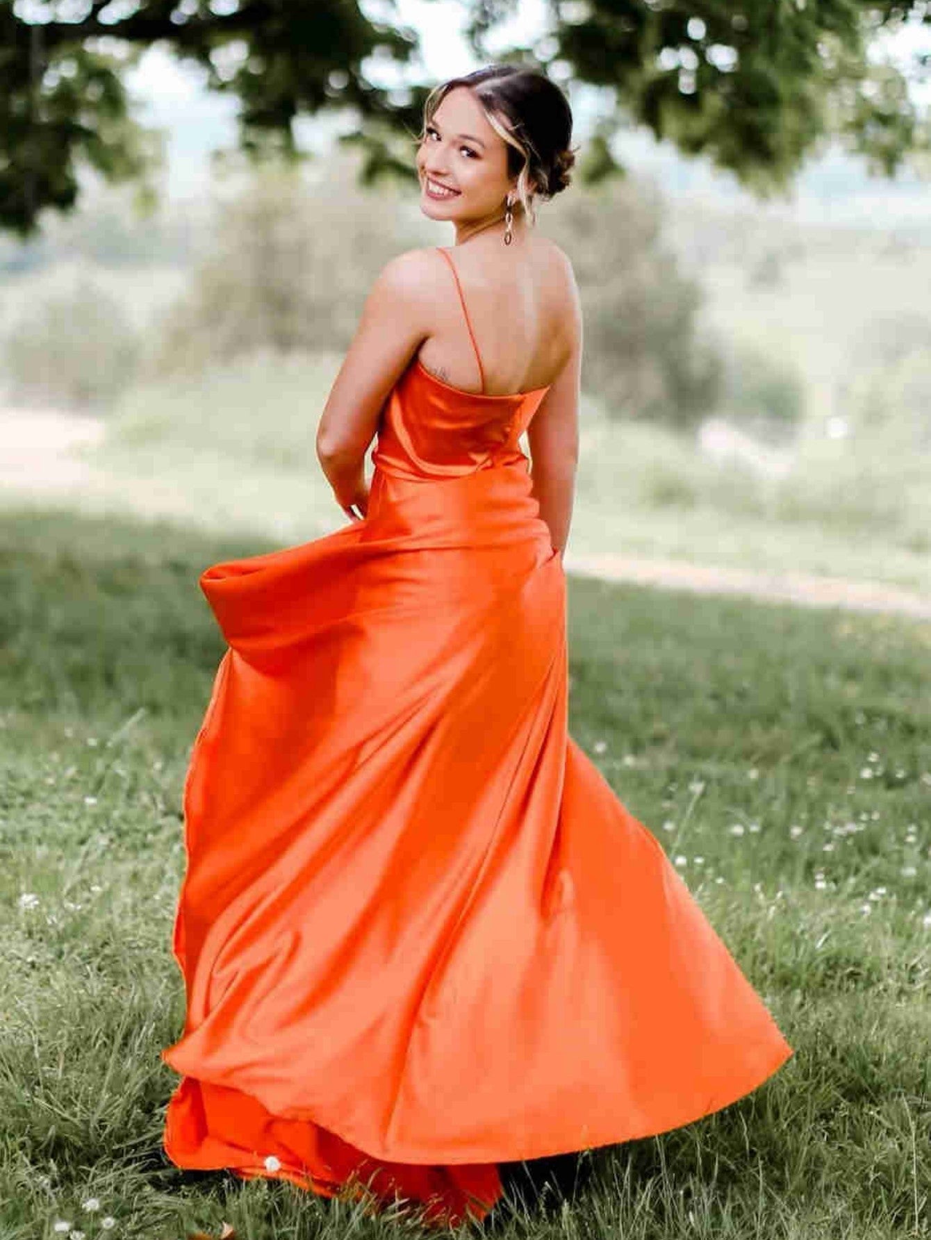  Araya |A Line Cowl Neck Satin Prom Dress With Slit - Prom Dress - DYAVOR® 