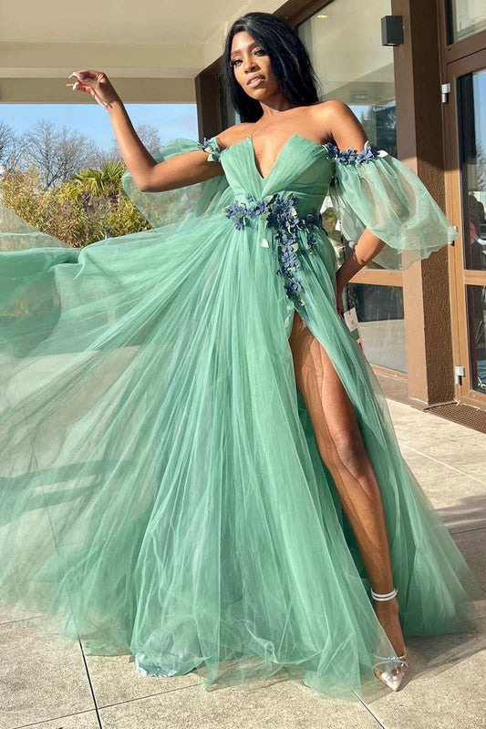  Whitley | Green Tulle 3D Floral Lace Off-the-Shoulder A-Line Long Prom Dress - Prom Dress - DYAVOR® 