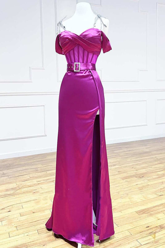  Magenta Sweetheart Belted A-Line Prom Dress with Slit - Prom Dress - DYAVOR® 