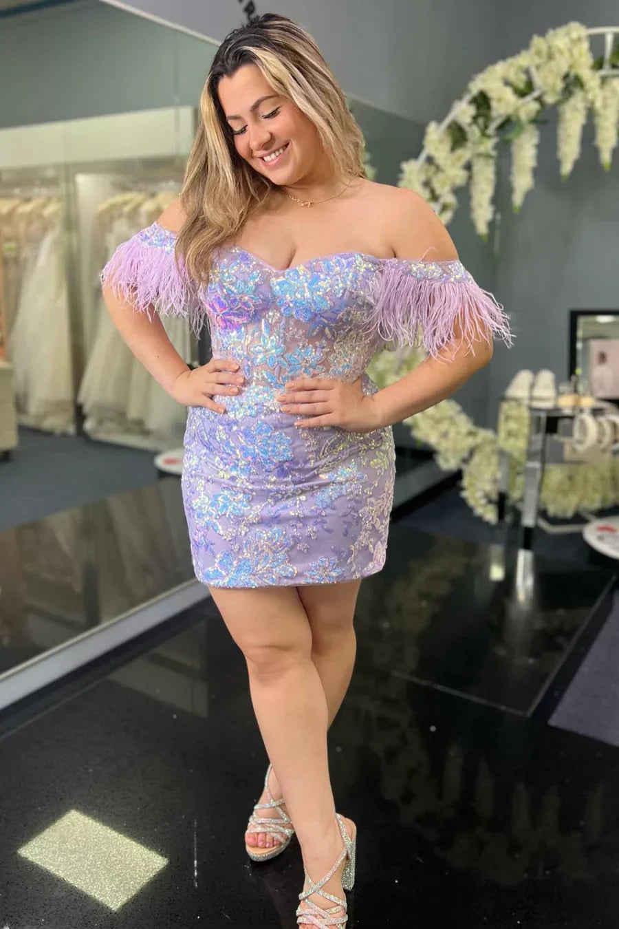  Selena | Bodycon Lace Feathers Off-the-Shoulder Short with Sequin Appliques Homecoming Dresses - Prom Dress - DYAVOR® 