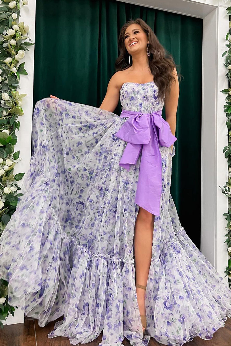  Chic Floral Printed Chiffon Strapless Long Prom Dresses with Slit - Prom Dress - DYAVOR® 