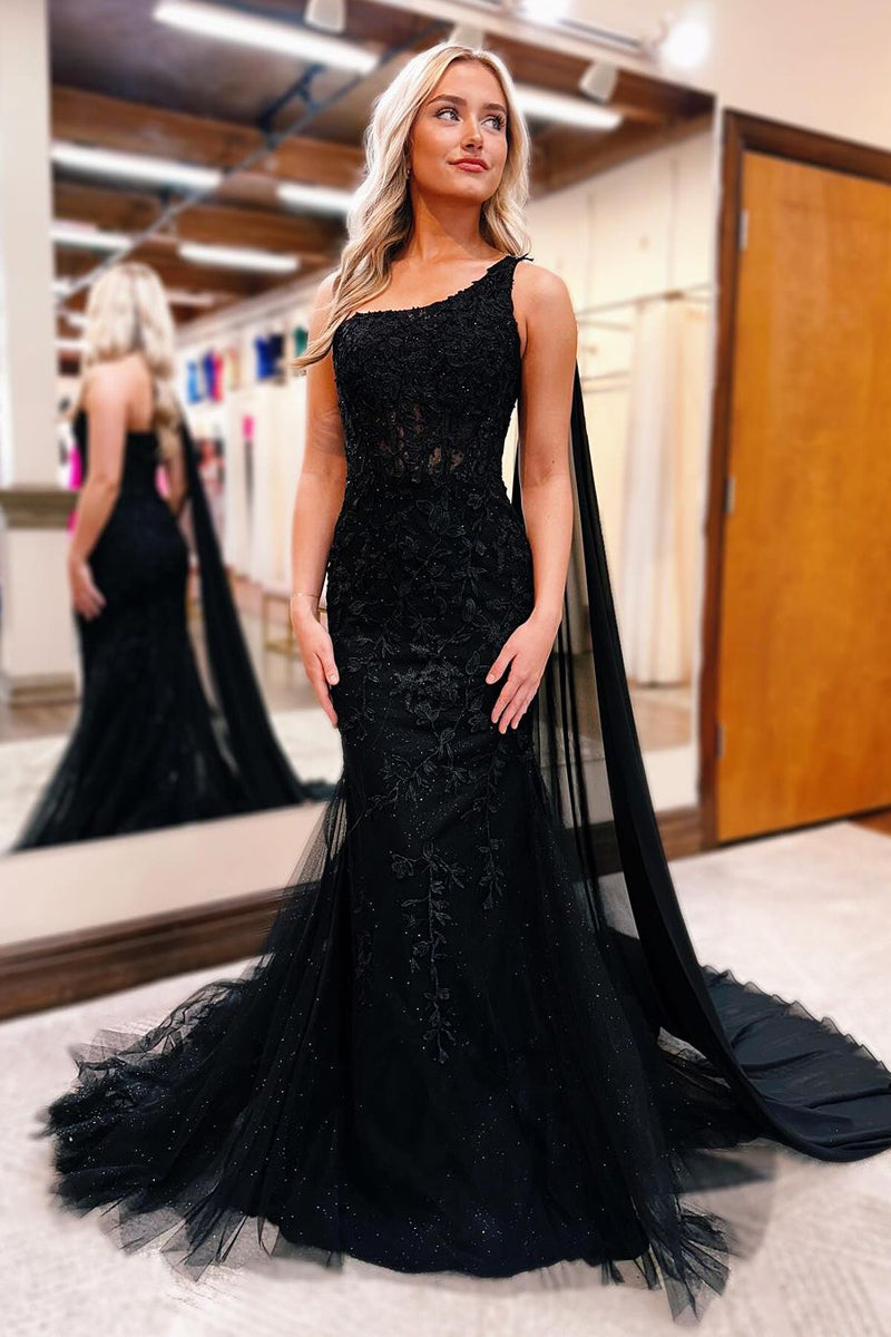  Black One Shoulder Appliques Mermaid Long Prom Dresses - Prom Dress - DYAVOR® 