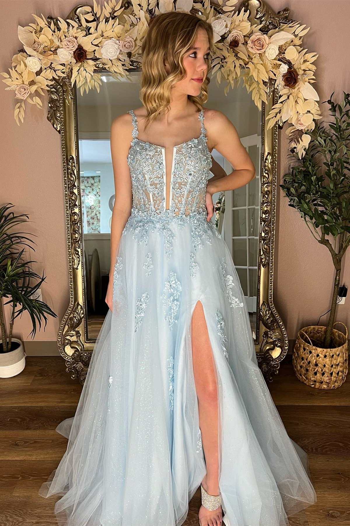  Tammy | Light Blue Floral Lace Split Neck A-Line Prom Dress with Slit - Prom Dress - DYAVOR® 