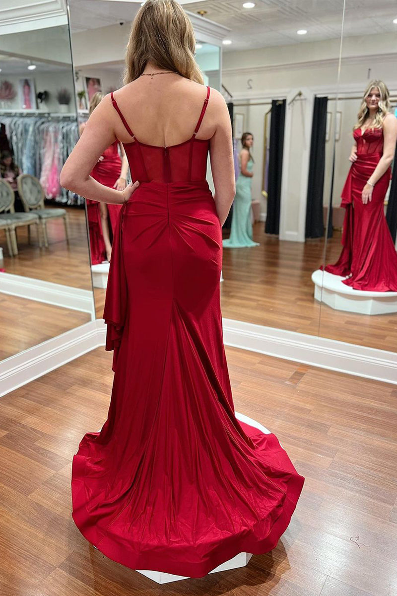  Dark Red Sweetheart Satin Mermaid Long Prom Dresses with Slit - Prom Dress - DYAVOR® 