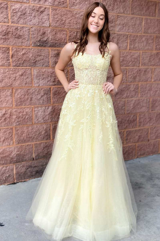  Laylah |A-Line Yellow Tulle Applique Lace-Up Prom Dress - Prom Dress - DYAVOR® 