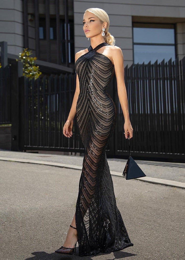  Black Sequin Maxi Dress with Front Slit -  - DYAVOR® 