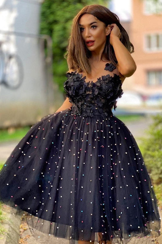  Yolanda |A-Line Beaded Tulle Homecoming Dress with Flowers - Homecoming Dress - DYAVOR® 
