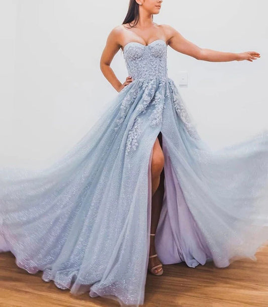  Jenna | A-Line Evening Gown Sparkle & Shine Dress Formal Court Train Sleeveless Sweetheart Tulle with Beading Slit Appliques - Prom Dress - DYAVOR® 