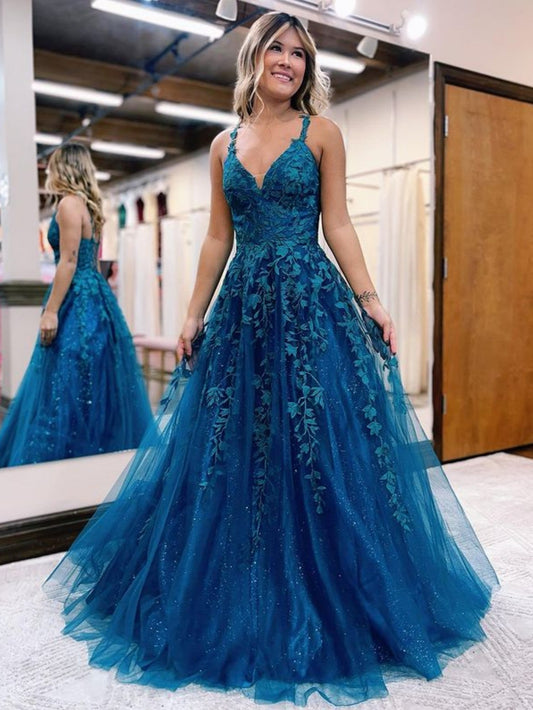  Veronica |A Line Ink Blue Glitter Tulle Lace Prom Dress - Prom Dress - DYAVOR® 