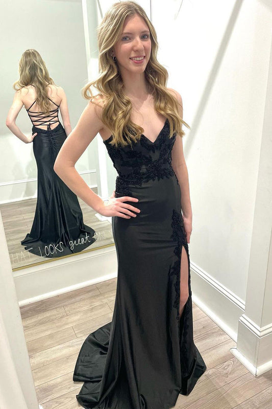  Black V Neck Satin Mermaid Long Prom Dresses with Slit - Prom Dress - DYAVOR® 