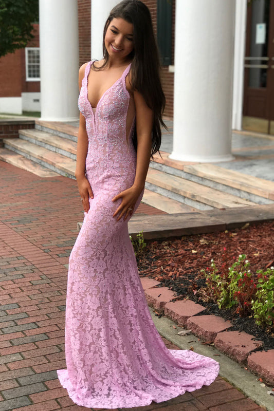  Luisa | Elegant Mermaid V-Neck Pink Lace Prom Dress - Prom Dress - DYAVOR® 
