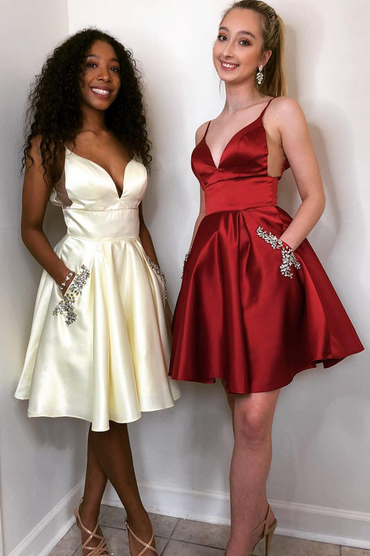  Tamsin |A-line Spaghetti Straps Satin Homecoming Dress with Pockets - Homecoming Dresses - DYAVOR® 