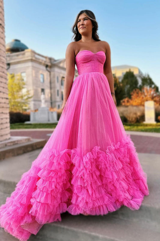  Rachael | Pink Sweetheart Tiered Tulle Long Prom Dresses - Prom Dresses - DYAVOR® 