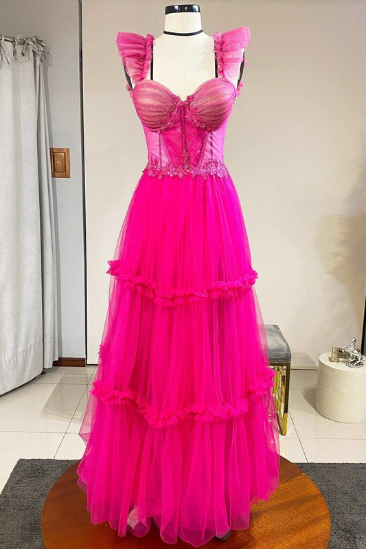  Magenta Tulle Ruffles Bustier A-Line Prom Dress - Prom Dress - DYAVOR® 