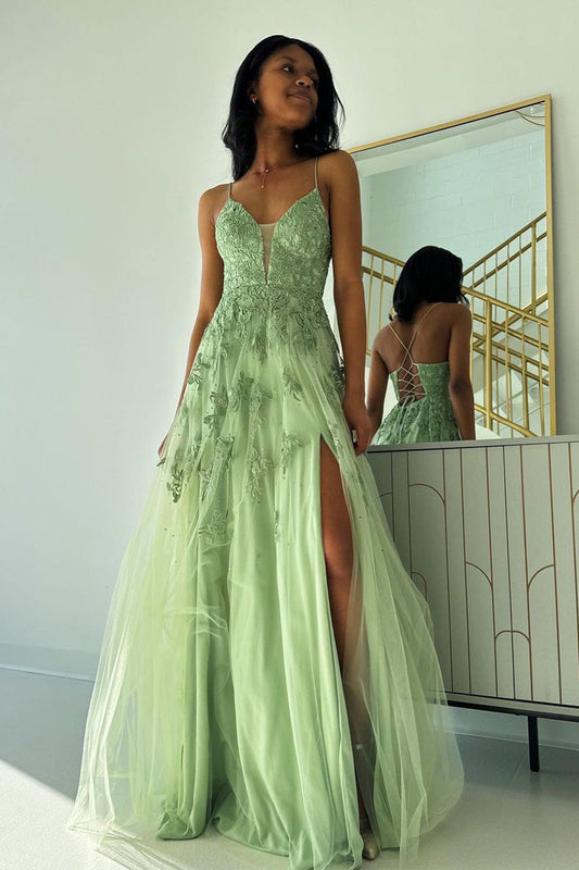  Sage Green V Neck Tulle A-Line Long Prom Dresses with Appliques - Prom Dress - DYAVOR® 