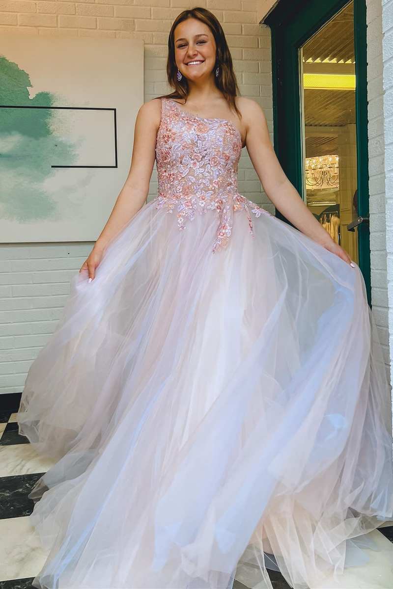  Ombre Tulle Floral Lace One-Shoulder A-Line Long Prom Dress - Prom Dress - DYAVOR® 