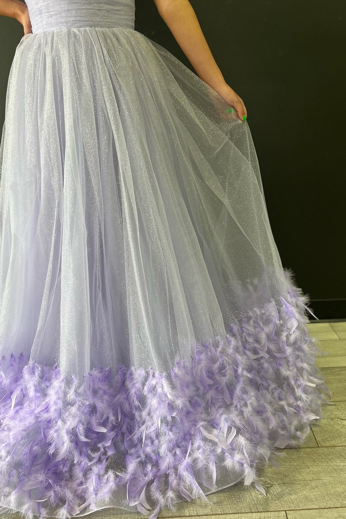  Lavender Strapless Pleated A-Line Prom Dress with Feathers - Prom Dress - DYAVOR® 