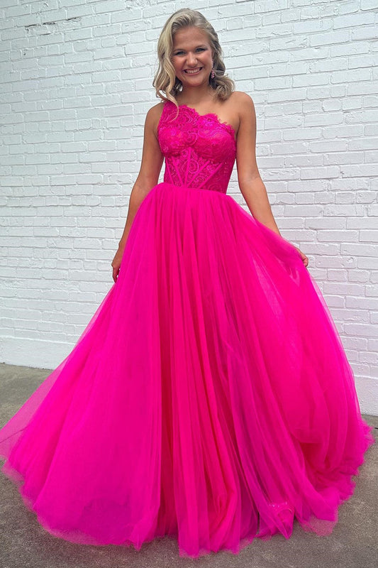  Madilyn |A-line One Shoulder Lace Tulle Prom Dress with Slit - Prom Dress - DYAVOR® 