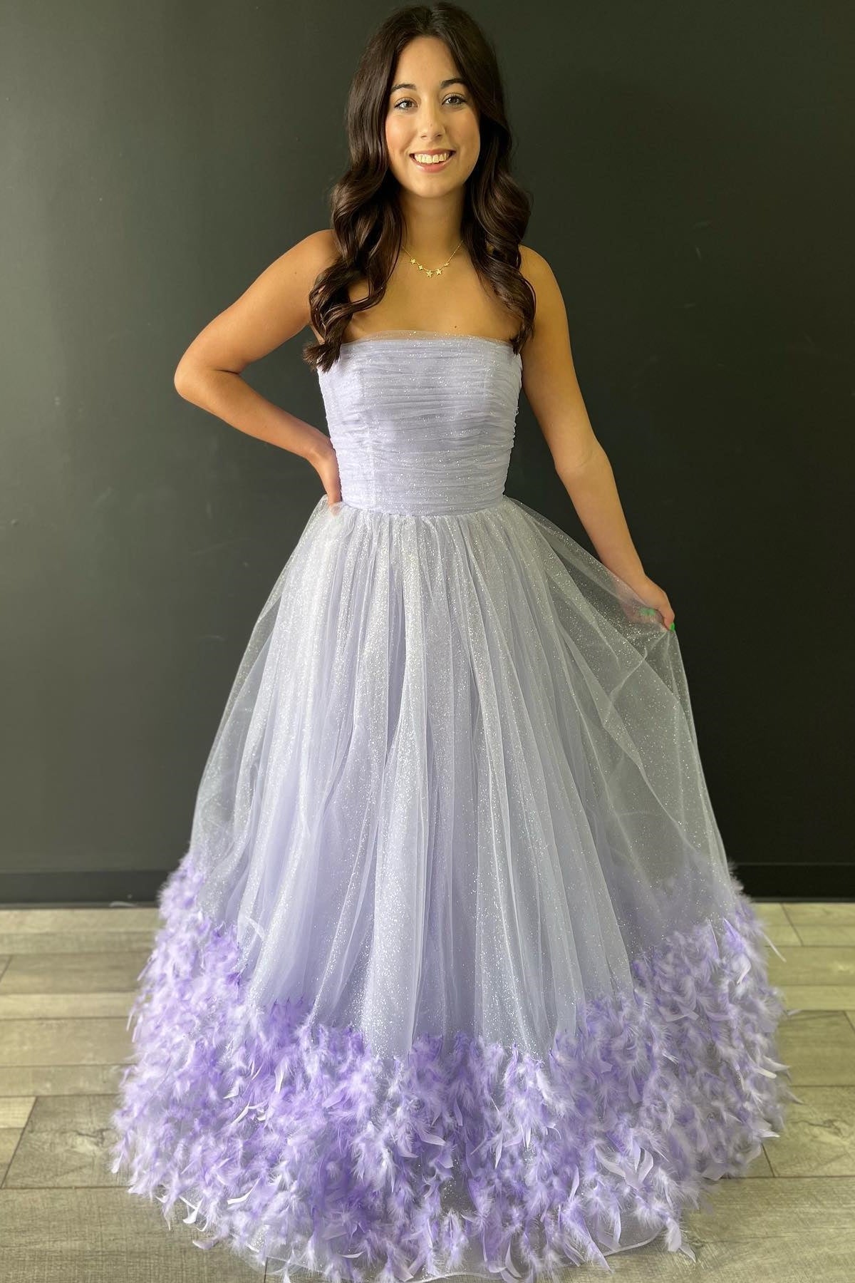  Lavender Strapless Pleated A-Line Prom Dress with Feathers - Prom Dress - DYAVOR® 