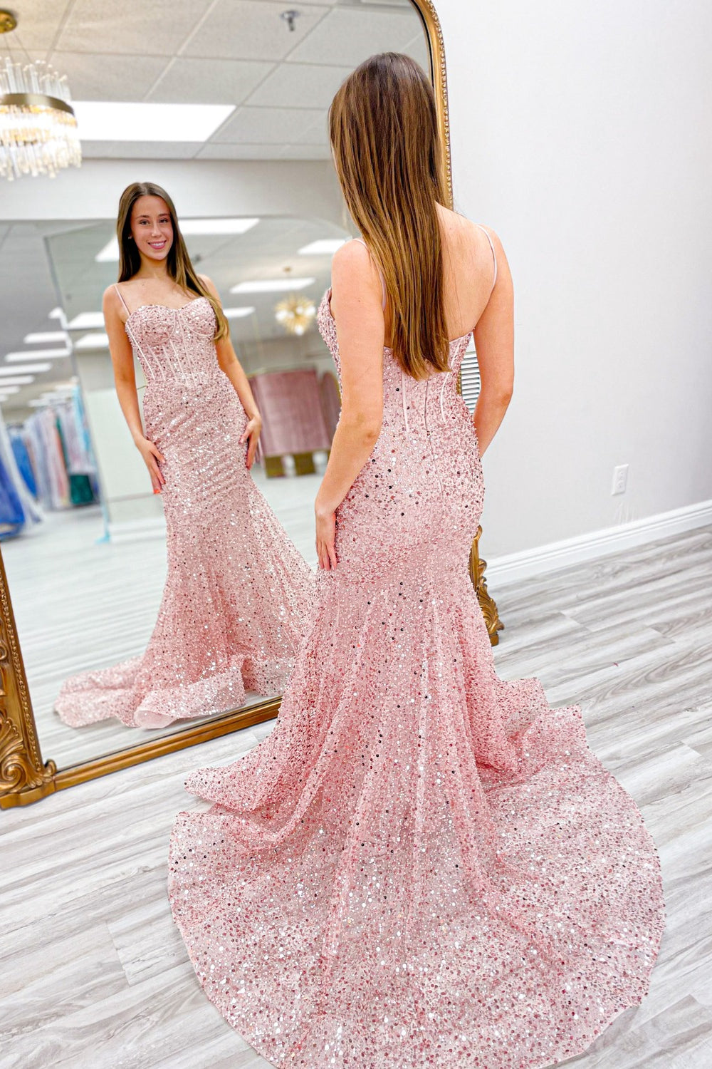  Nori | Pink Sequins Mermaid Spaghetti Straps Boning Long Prom Dress - Prom Dress - DYAVOR® 