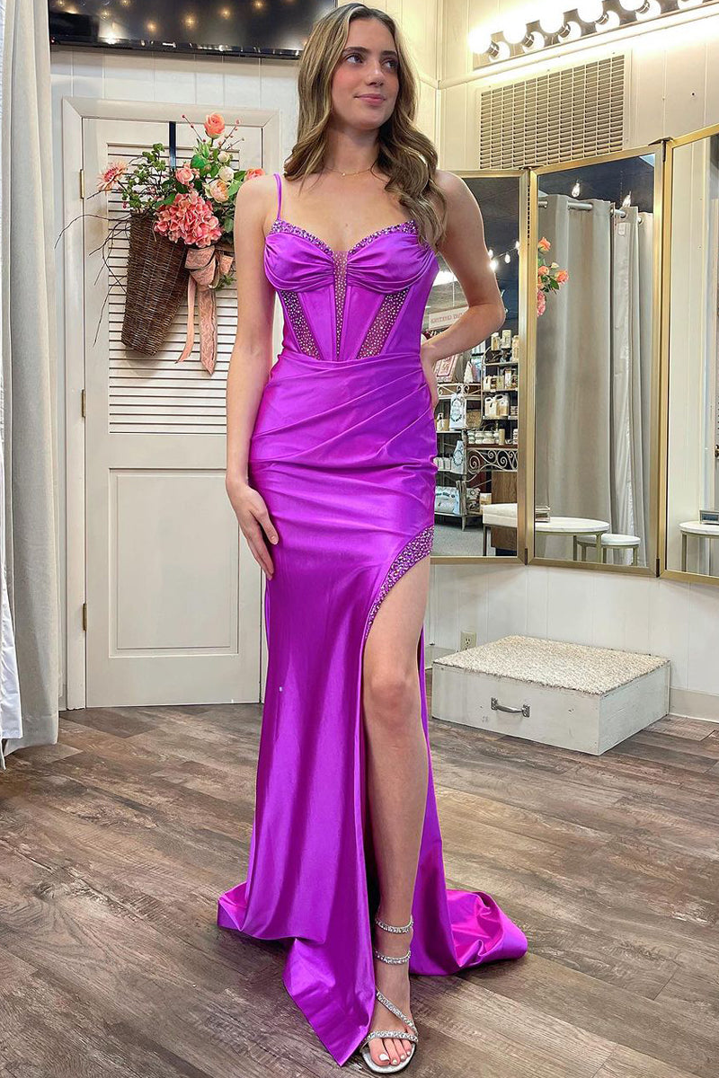  Olive | Purple Sweetheart Satin Mermaid Long Prom Dresses with Slit - Prom Dress - DYAVOR® 
