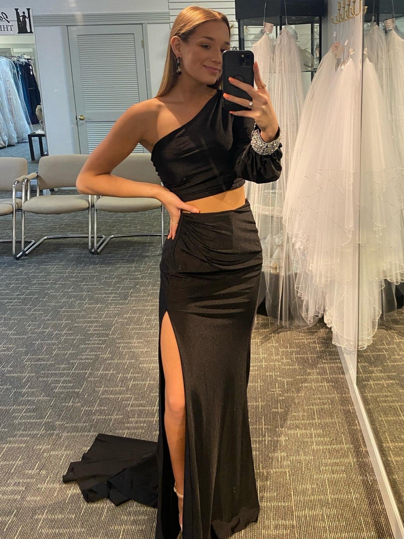  Satin Mermaid One Shoulder Two Pieces Set Black Long Prom Dress - Prom Dress - DYAVOR® 