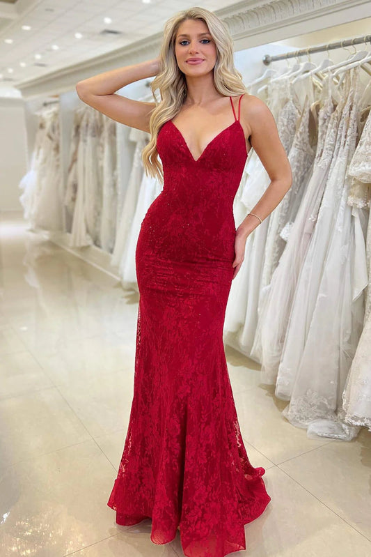  Elsa| Red Lace V Neck Mermaid Prom Dress - Prom Dress - DYAVOR® 