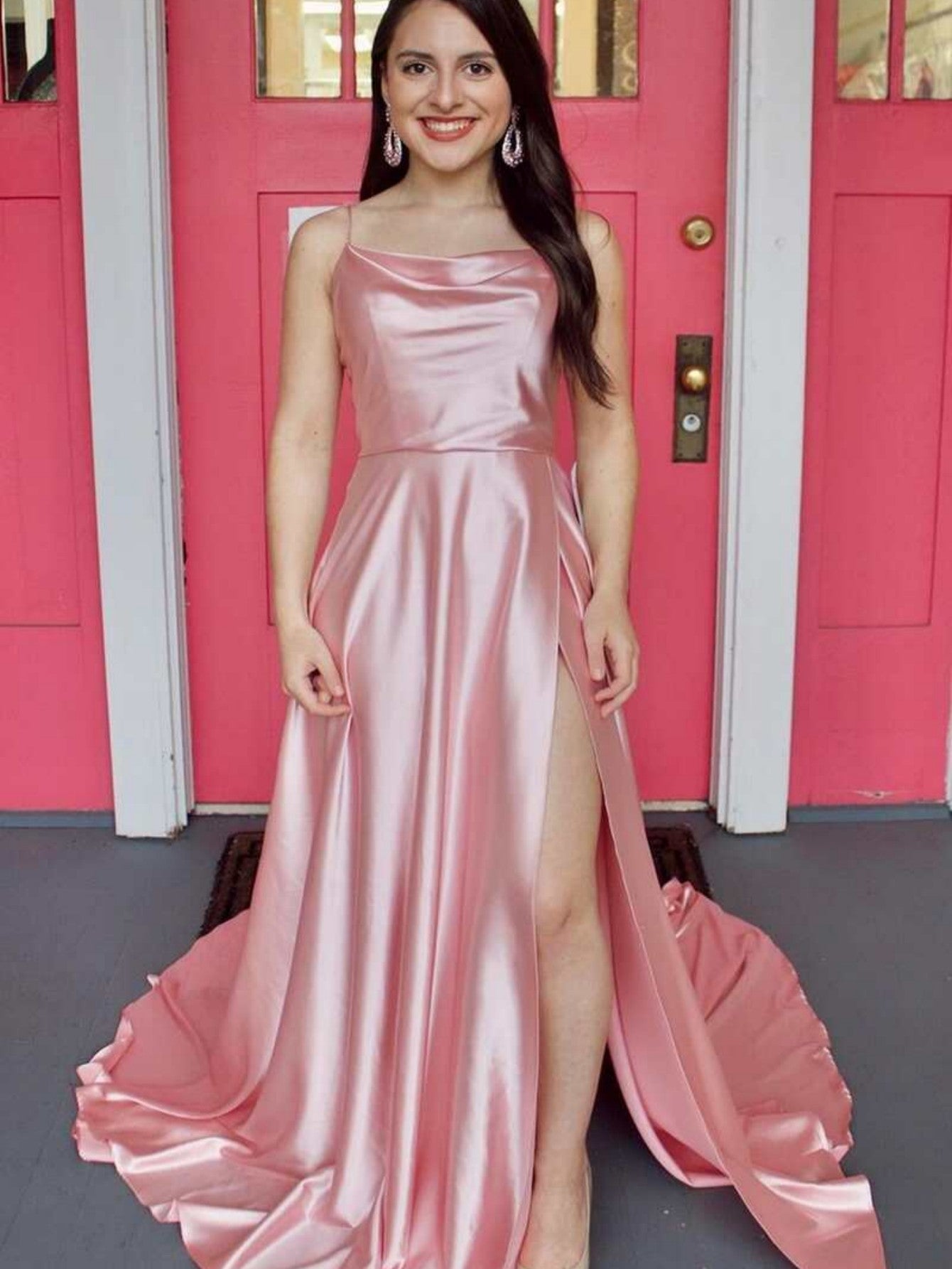  Araya |A Line Cowl Neck Satin Prom Dress With Slit - Prom Dress - DYAVOR® 