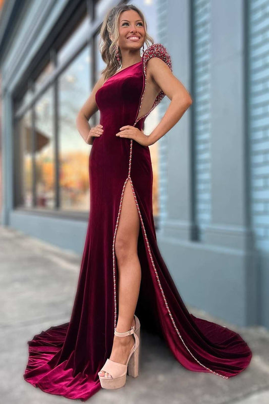  Wine Velvet Beaded One-Shoulder Long Formal Dress with Slit - Prom Dress - DYAVOR® 