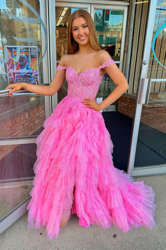  Off-the-Shoulder Pink Ruffle Tulle Long Prom Dress with Appliques - Prom Dress - DYAVOR® 