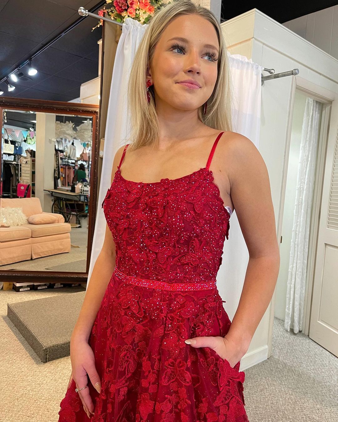  Shana | Cute A Line Scoop Neck Red Lace Prom Dresses with Beading - Prom Dress - DYAVOR® 