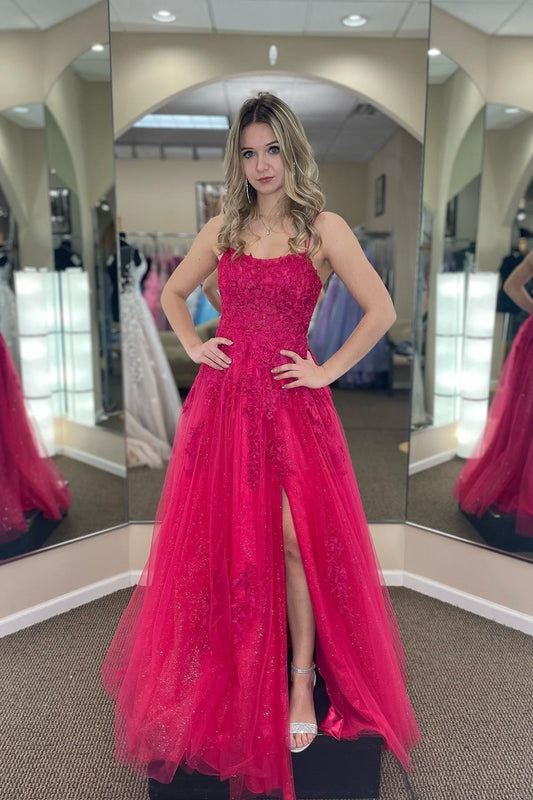  Lindsey | Fuchsia A-line Tulle Scoop Neckline Applique Slit Long Prom Dress - Prom Dress - DYAVOR® 
