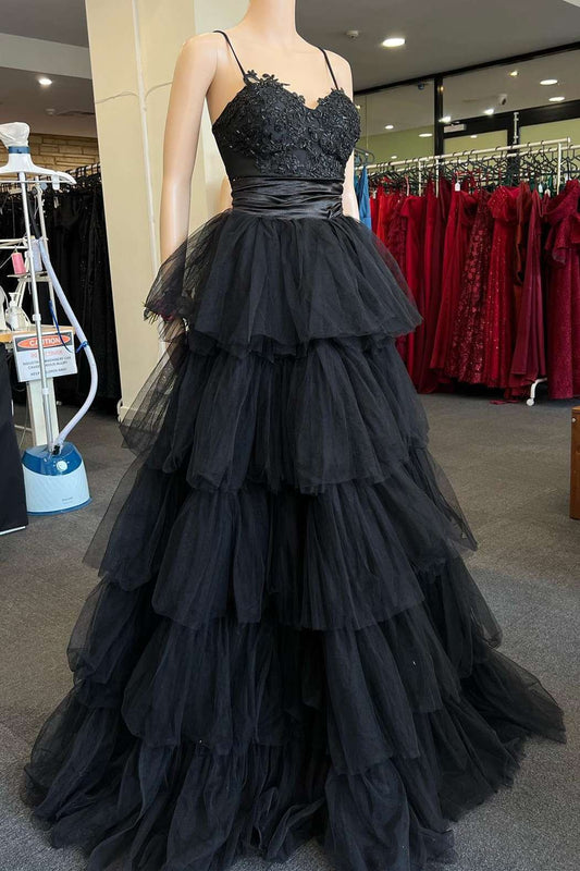  Multi-Tiered Black Straps A-Line Long Prom Dress - Prom Dress - DYAVOR® 