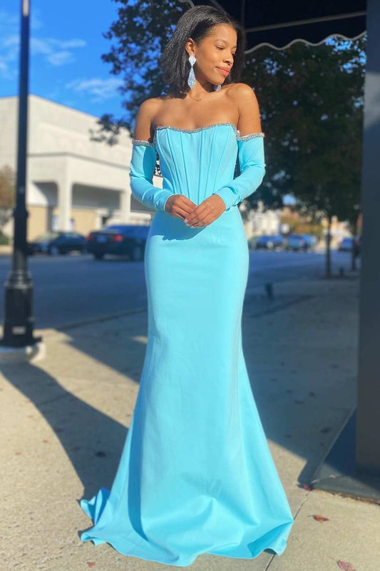  Aqua Off-the-Shoulder Long Sleeve Mermaid Formal Dress - Prom Dress - DYAVOR® 