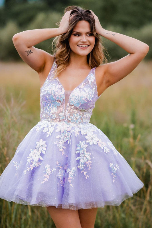  Davina | Lace Plunge V Backless A-Line Short Homecoming Dress - Homecoming Dresses - DYAVOR® 