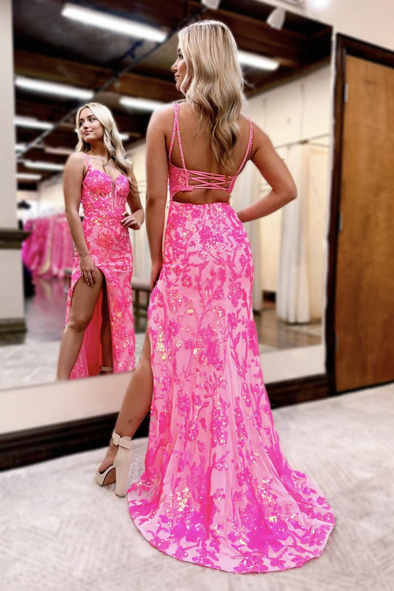  Pink Sweetheart Sequins Lace Mermaid Prom Dresses with Slit - Prom Dress - DYAVOR® 