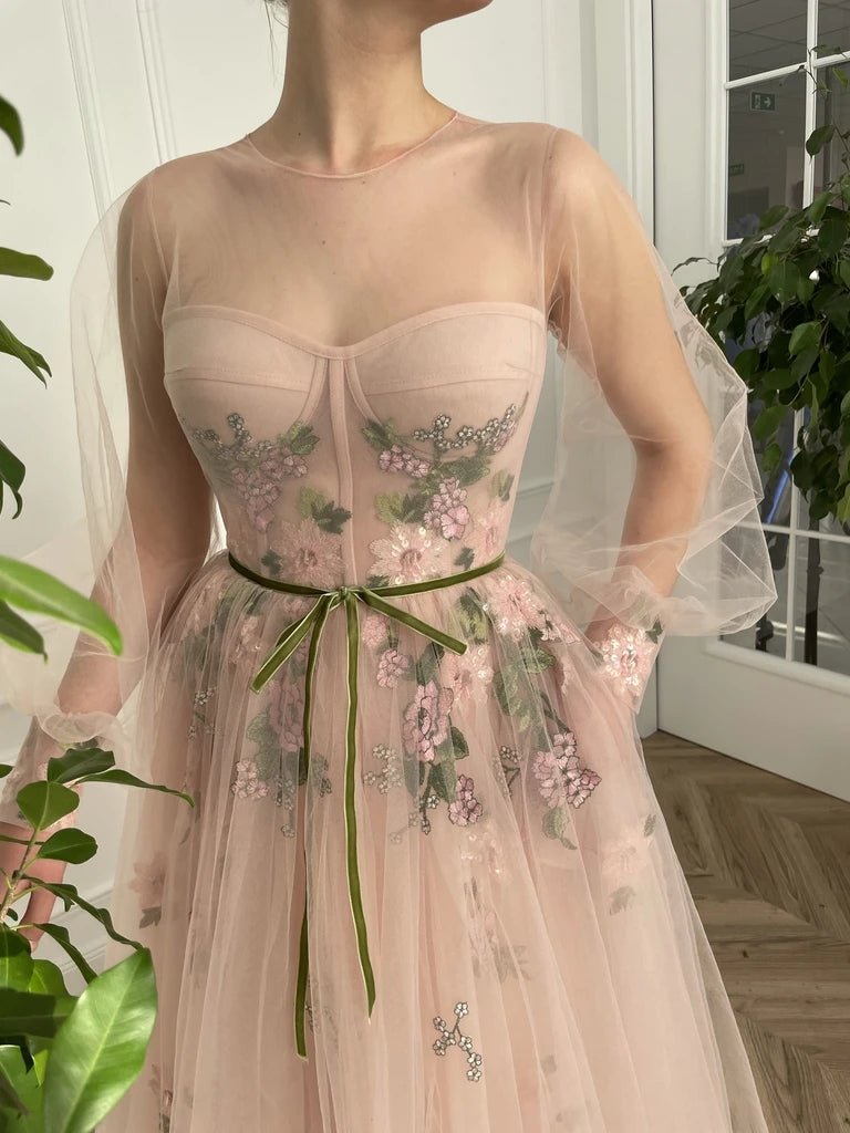  Meilani |A Line Scoop Long Sleeve Tulle Prom Dress with Floral Embroidery - Prom Dress - DYAVOR® 