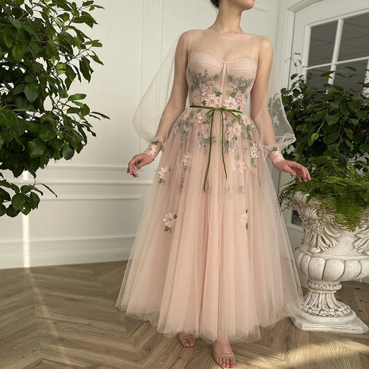  Meilani |A Line Scoop Long Sleeve Tulle Prom Dress with Floral Embroidery - Prom Dress - DYAVOR® 