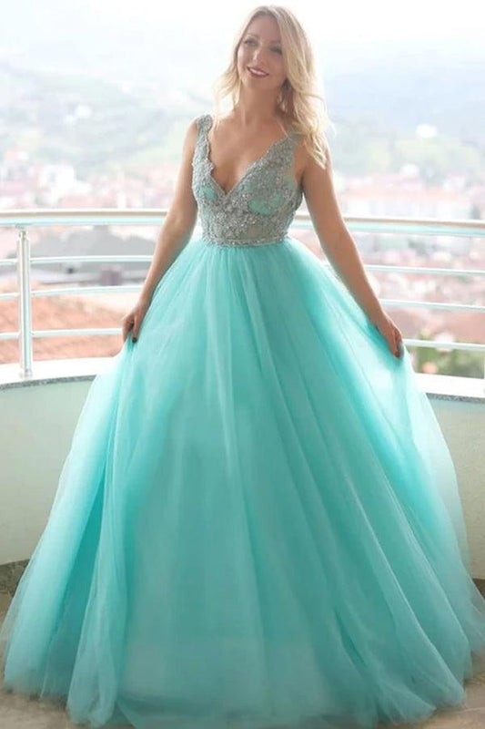  Alondra | A-line V neck Tulle Lace Long Prom Dress Evening Dress - Prom Dress - DYAVOR® 