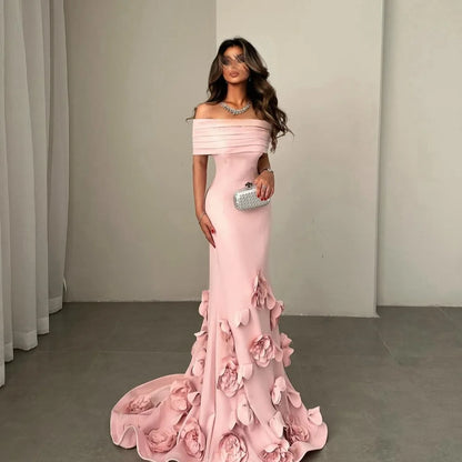 Elegant Off-Shoulder 3D Floral Mermaid Prom Dress – Custom Floor-Length Evening Gown