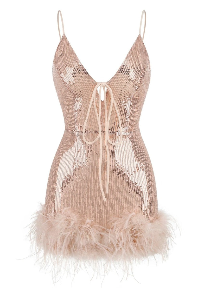  Beige Sequined Mini Dress with Feathers -  - DYAVOR® 