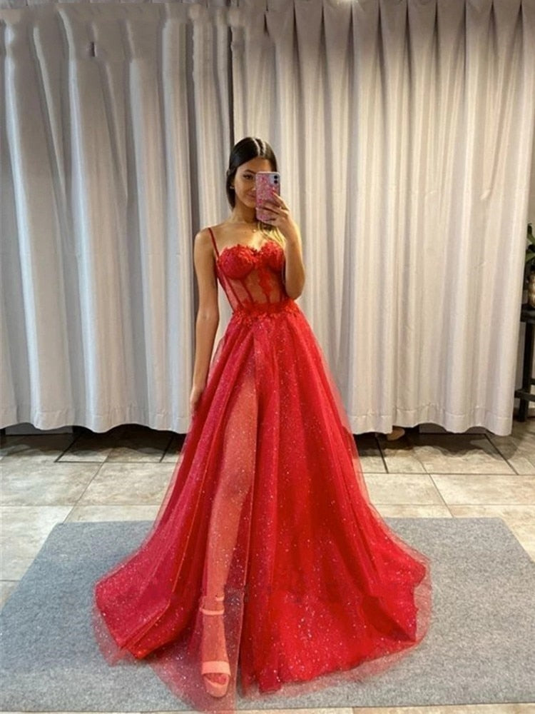  Keily |A-line Spaghetti Straps Glitter Tulle Prom Dress - Prom Dress - DYAVOR® 